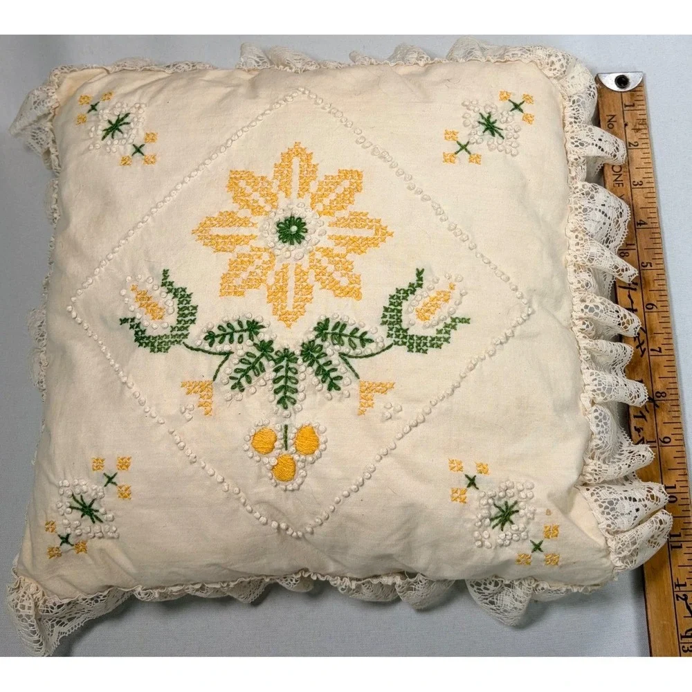 Vintage Handmade Embroidered Floral Lace Trim Throw Pillow Cottagecore Cream